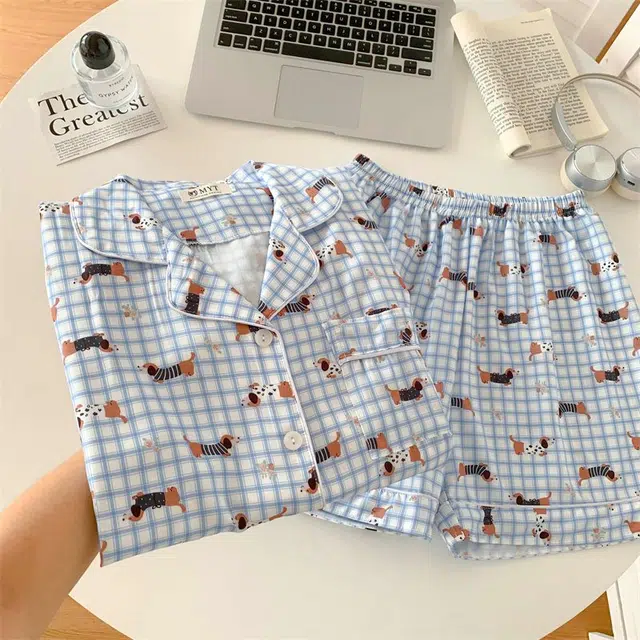 俏韵 翻领卡通夏季冰丝甜美舒适短袖短裤薄款家居服可外穿睡衣套装 女款