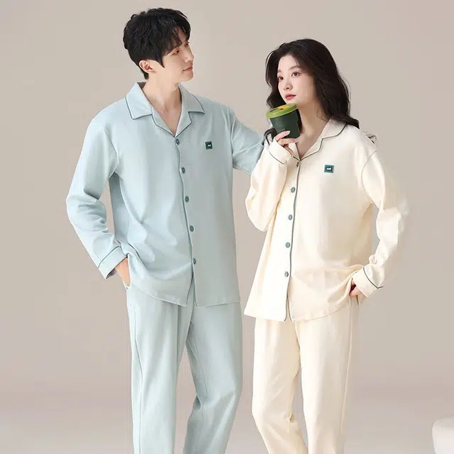 俏韵 翻领春秋季纯棉简约风长袖长裤甜美舒适休闲高级家居服可外穿睡衣套装 男女同款