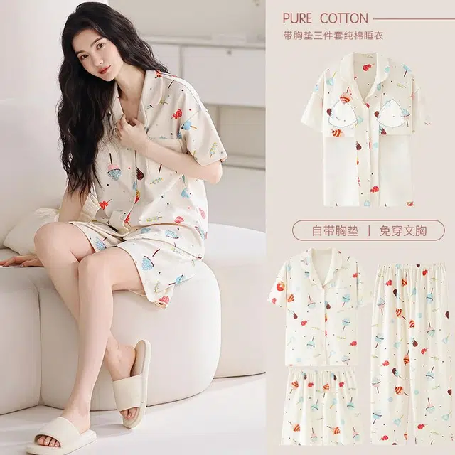俏韵 翻领卡通夏季舒适可爱甜美带胸垫短袖三件套薄款家居服可外穿睡衣套装 女款