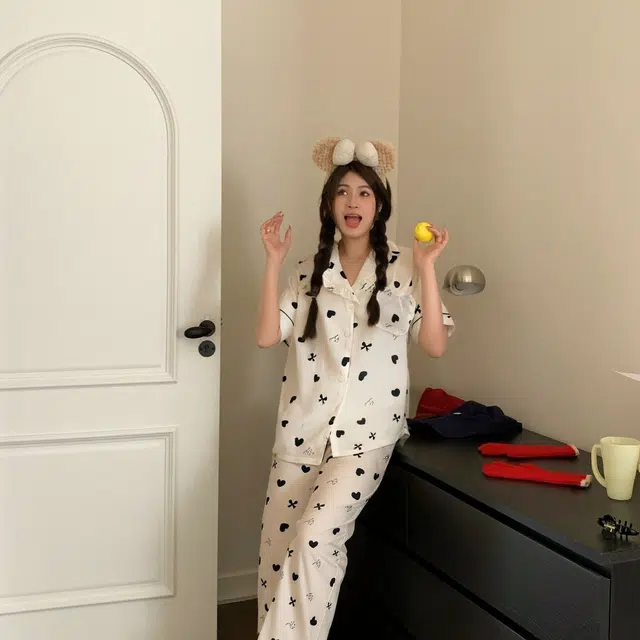 俏韵 翻领短袖长裤开衫甜美花边家居服可外穿睡衣套装 女款