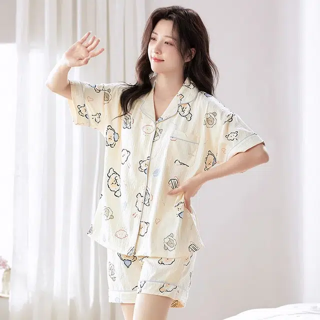 俏韵 翻领卡通夏季云朵棉舒适可爱甜美短袖三件套薄款家居服可外穿睡衣套装 女款