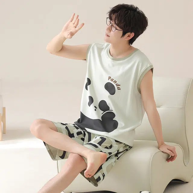 俏韵 卡通熊猫无袖背心五分裤休闲家居服睡衣套装 男款