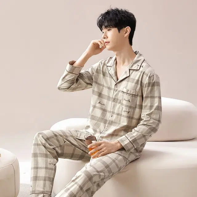 俏韵 翻领春秋季款简约印花长袖休闲开衫薄款家居服可外穿睡衣套装 男款