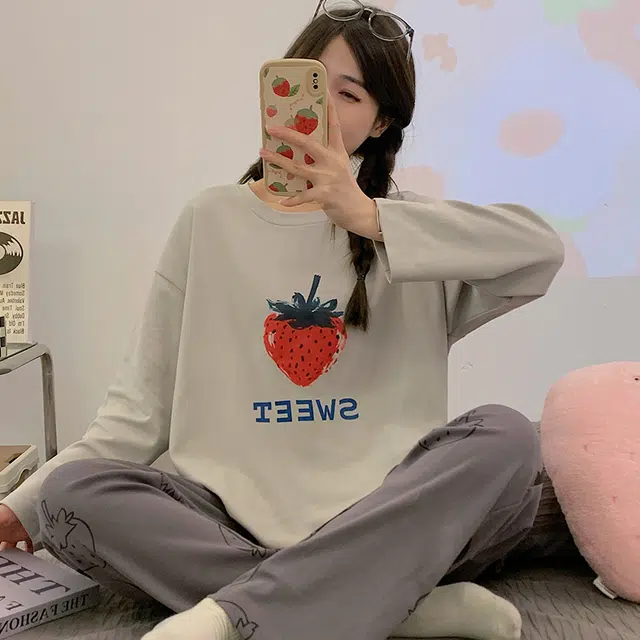 俏韵 圆领春秋季仿棉长袖简约印花休闲甜美可爱薄款舒适家居服可外穿睡衣套装 女款