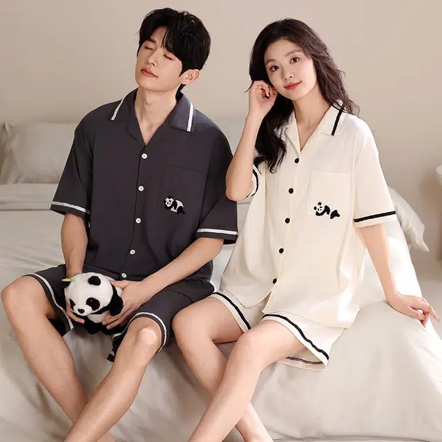 俏韵 翻领可爱熊猫短袖家居服可外穿三分裤夏季睡衣套装 男女同款