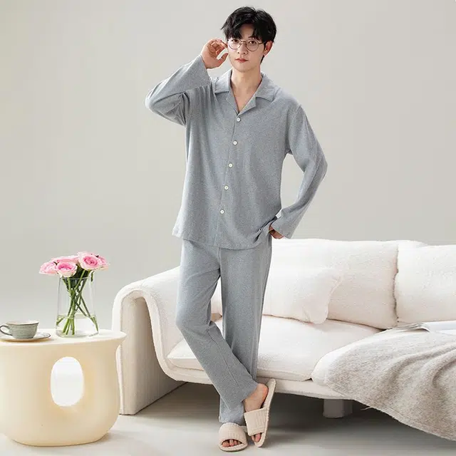 俏韵 翻领春秋季长袖长裤开衫休闲纯色简约风薄款舒适家居服可外穿睡衣套装 男款