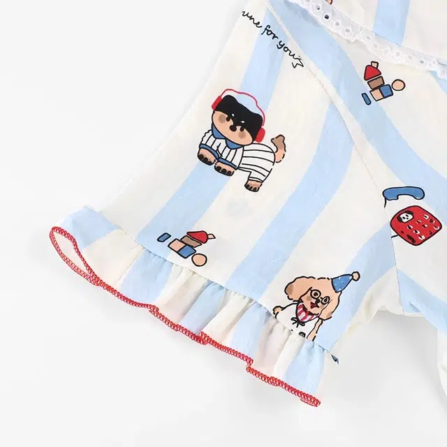 俏韵 翻领条纹小狗云朵棉短袖甜美公主风家居服可外穿睡衣套装 女款