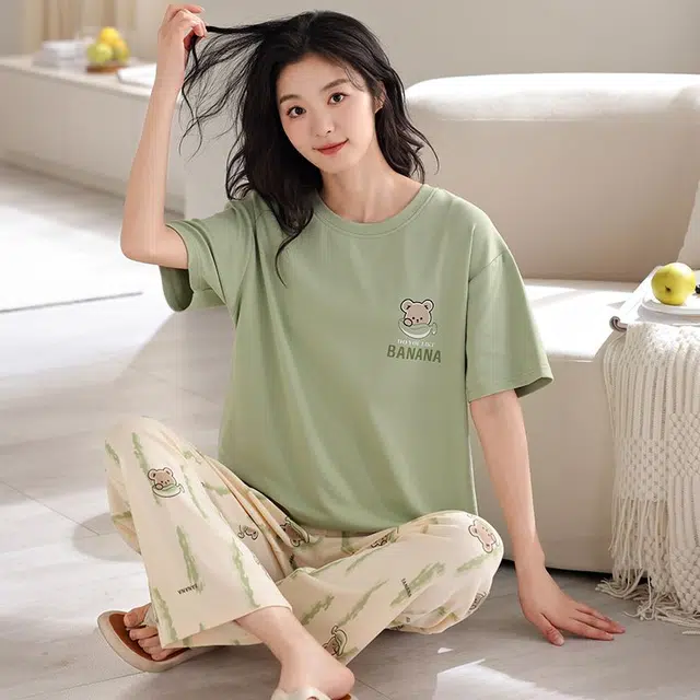 俏韵 圆领卡通夏季款舒适纯棉短袖长裤带胸垫甜美薄款凉感家居服可外穿睡衣套装 女款