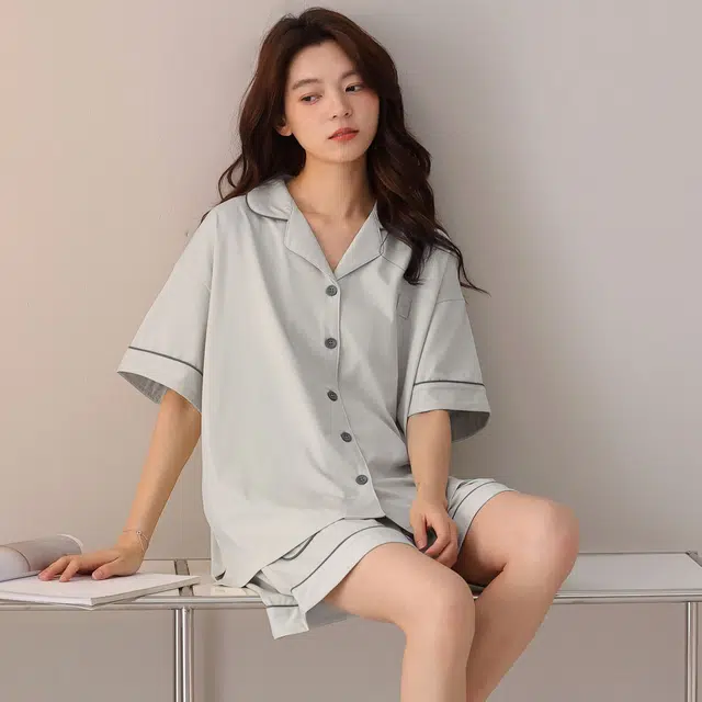 俏韵 翻领夏季款纯棉舒适简约短袖甜美可爱薄款家居服可外穿睡衣套装 女款