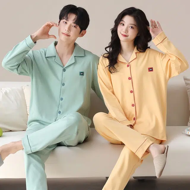 俏韵 翻领春秋季天纯棉简约纯色长袖长裤甜美舒适休闲家居服可外穿睡衣套装 男女同款