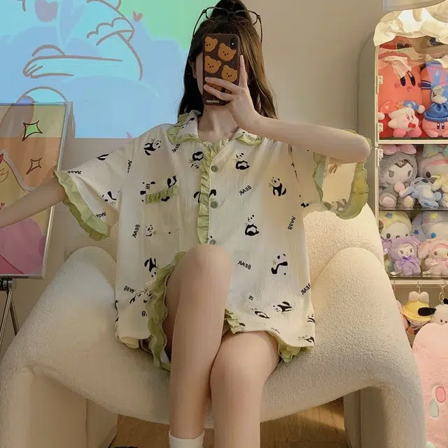 俏韵 翻领短袖可爱花边熊猫休闲居家服外穿睡衣套装 女款 白色