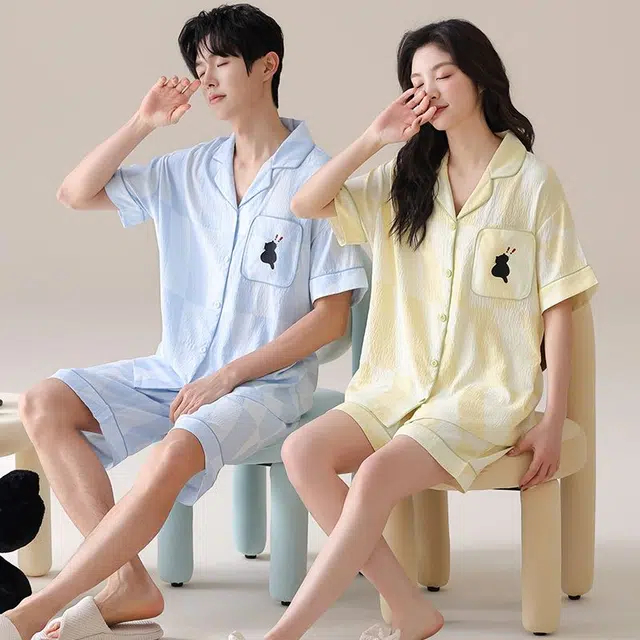 俏韵 翻领卡通简约短袖家居服可外穿睡衣套装 男女同款