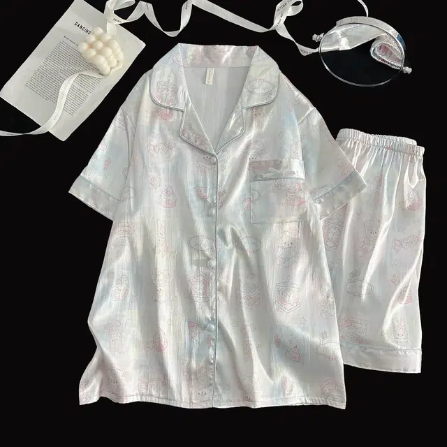 俏韵 翻领卡通夏季冰丝甜美短袖短裤休闲舒适薄款家居服可外穿睡衣套装 女款