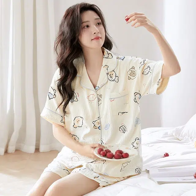 俏韵 卡通翻领甜美短袖三分裤薄款家居服可外穿夏季睡衣套装 女款