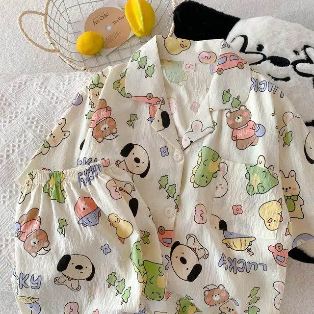 俏韵 翻领卡通夏季款云朵棉印花开衫短袖短裤甜美可爱家居服可外穿睡衣套装 女款