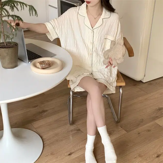 俏韵 翻领短袖甜美可爱家居服可外穿睡衣套装 女款 杏色