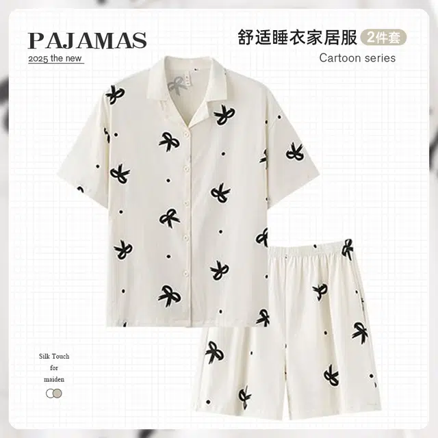 俏韵 翻领夏季纯棉舒适简约风短袖开衫甜美可爱薄款家居服可外穿睡衣套装 女款