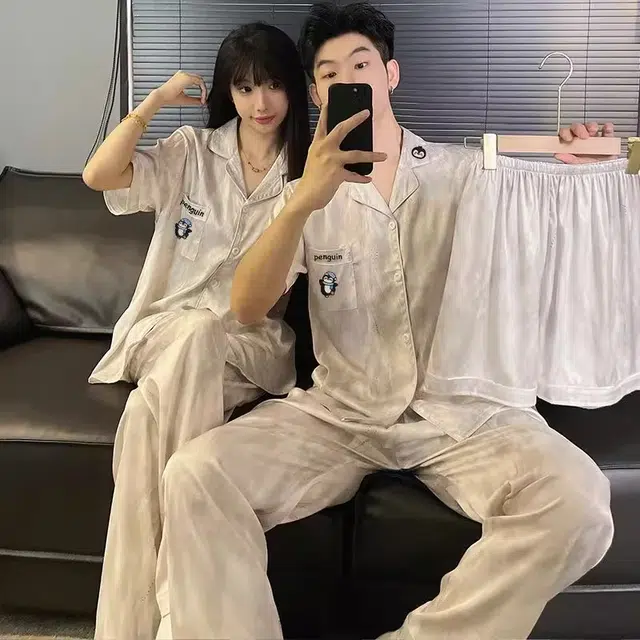 俏韵 翻领冰丝凉感时尚家居服可外穿睡衣套装 男女同款