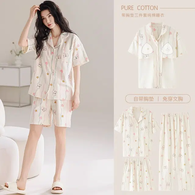 俏韵 翻领卡通猫咪夏季舒适可爱甜美带胸垫短袖三件套薄款家居服可外穿睡衣套装 女款