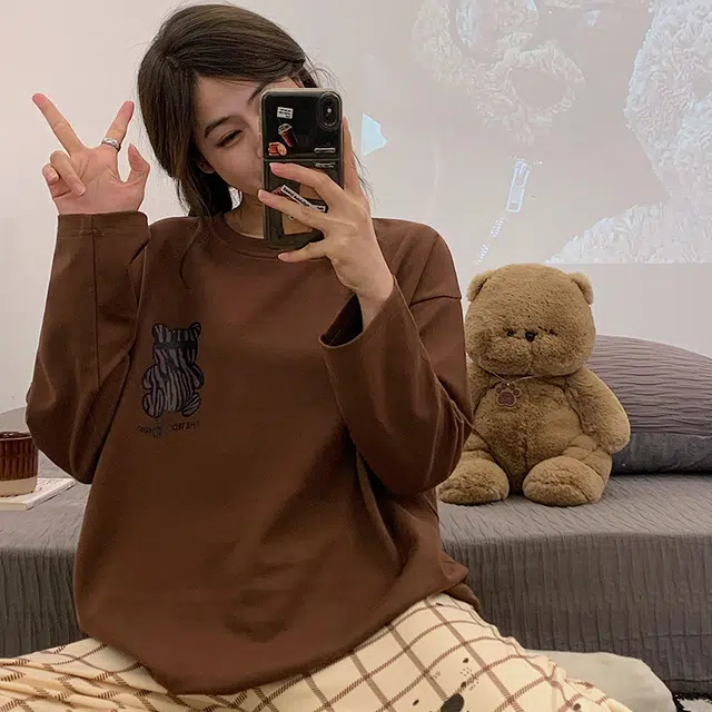 俏韵 圆领春秋季仿棉长袖简约印花休闲甜美薄款舒适家居服可外穿睡衣套装 女款