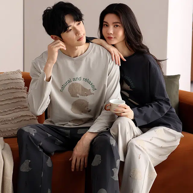 俏韵 休闲舒适长袖简约长裤家居服可外穿睡衣套装 男女同款