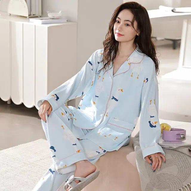 俏韵 翻领卡通春秋季舒适长袖长裤甜美可爱薄款家居服可外穿睡衣套装 女款
