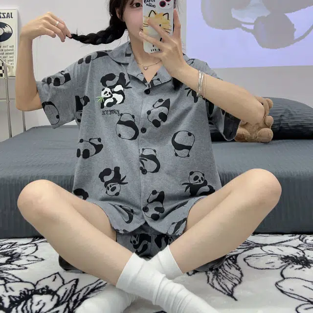 俏韵 翻领卡通熊猫高级感短袖凉感薄款家居服可外穿睡衣套装 男女同款