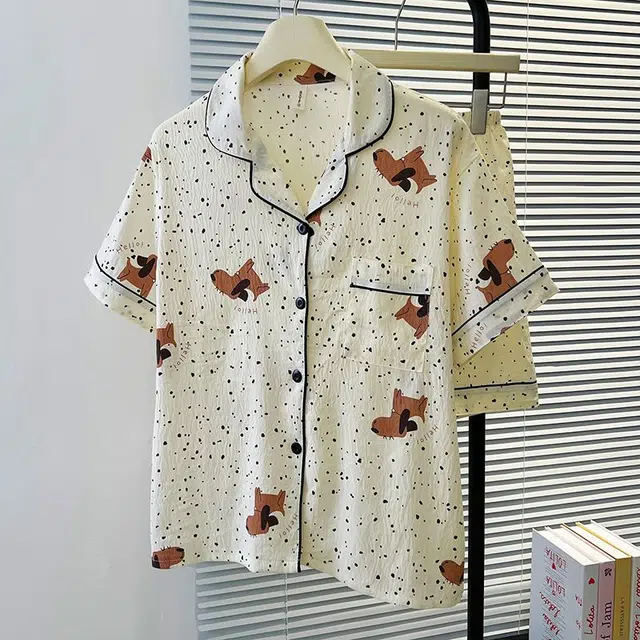 俏韵 翻领夏季卡通云朵棉舒适短袖短裤甜美薄款家居服可外穿睡衣套装 女款