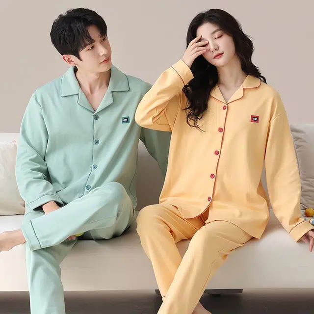 俏韵 翻领春秋季天纯棉简约纯色长袖长裤甜美舒适休闲家居服可外穿睡衣套装 男女同款