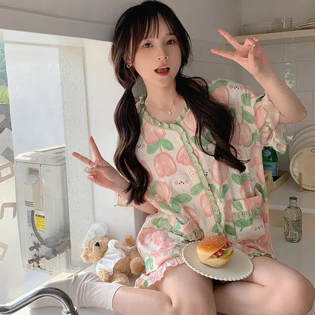 俏韵 甜美郁金香短袖短裤舒适家居服夏季睡衣套装 女款