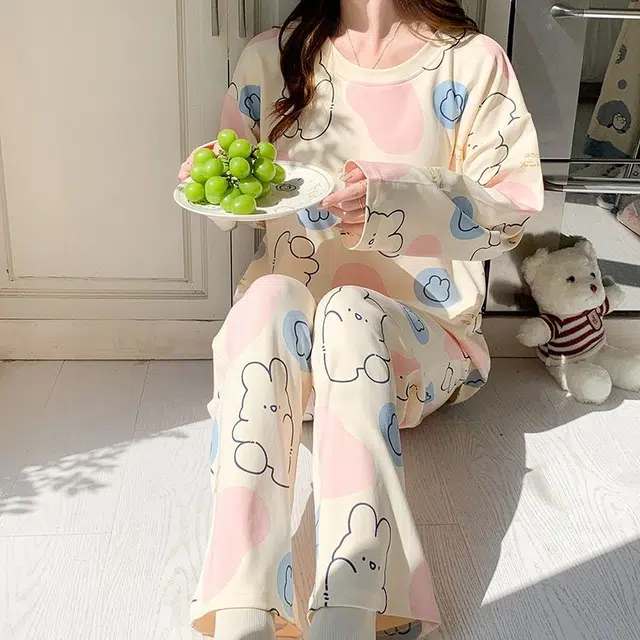 俏韵 圆领卡通春秋季款仿棉长袖甜美休闲家居服可外穿睡衣套装 女款