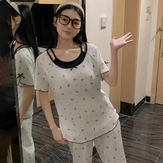 俏韵 甜美短袖三件套舒适带胸垫家居服可外穿睡衣套装 女款