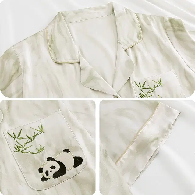 俏韵 翻领卡通可爱熊猫短袖凉感家居服可外穿三分裤夏季睡衣套装 男女同款