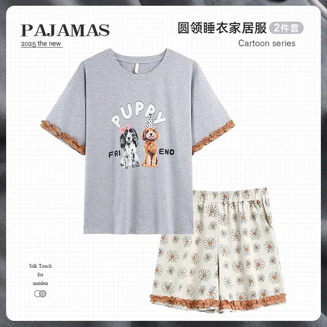俏韵 圆领卡通短袖可爱甜美带胸垫家居服可外穿三分裤夏季睡衣套装 女款
