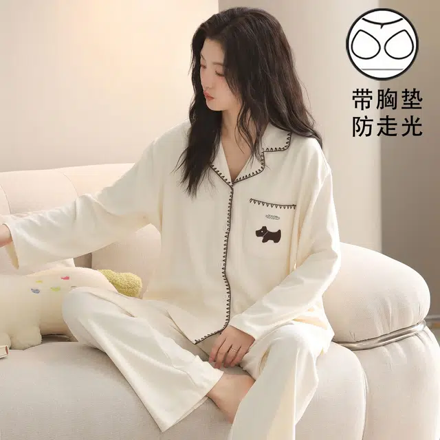 俏韵 翻领春秋季简约风长袖长裤休闲甜美可爱薄款舒适家居服可外穿 睡衣套装 女款