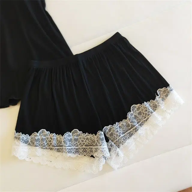 俏韵 带胸垫舒适吊带无袖上衣家居服外穿三分裤睡衣套装 女款 黑色