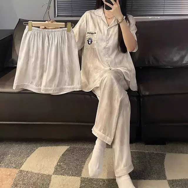 俏韵 翻领冰丝凉感时尚家居服可外穿睡衣套装 男女同款