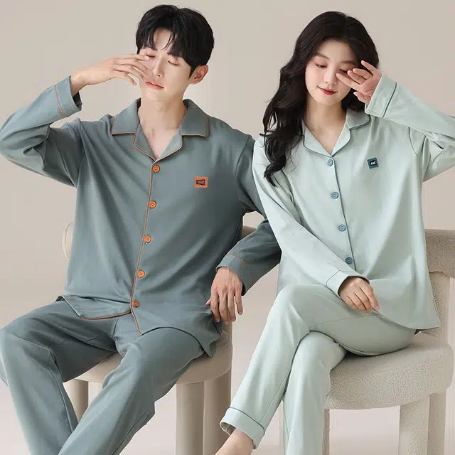 俏韵 翻领春秋季款纯棉简约长袖长裤甜美舒适休闲家居服可外穿睡衣套装 男女同款