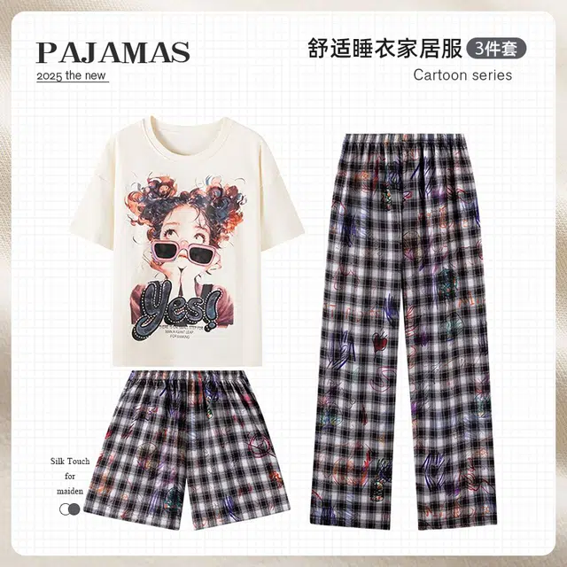 俏韵 圆领夏季带胸垫可爱短袖三件套甜美薄款舒适家居服可外穿睡衣套装 女款