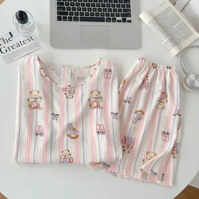 俏韵 圆领卡通小熊夏季云朵棉甜美可爱短袖短裤休闲舒适薄款家居服可外穿睡衣套装 女款