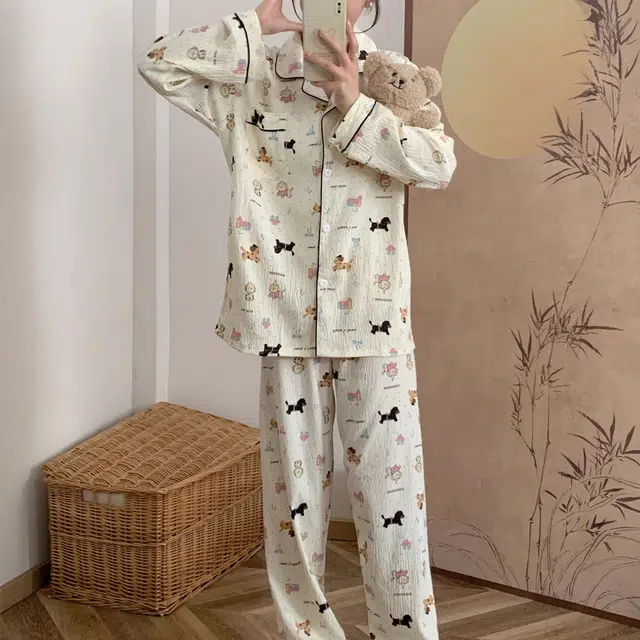 俏韵 翻领卡通小狗春秋季长袖长裤甜美印花可爱薄款家居服可外穿睡衣套装 女款