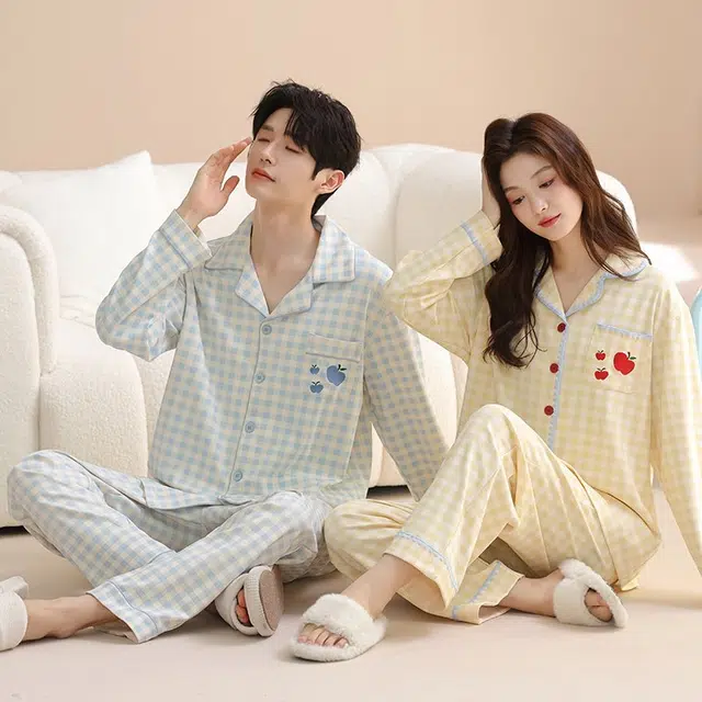 俏韵 翻领卡通苹果春秋季纯棉长袖长裤甜美印花可爱舒适薄款家居服可外穿睡衣套装 女款