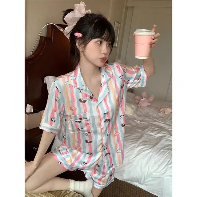 俏韵 翻领甜美高级感短袖上衣卡通家居服可外穿三分裤睡衣套装 女款