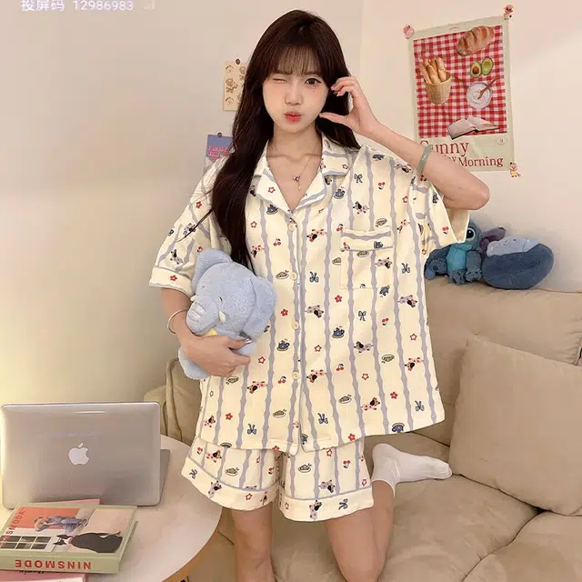 俏韵 翻领短袖薄款甜美可爱家居服可外穿睡衣套装 女款 杏色