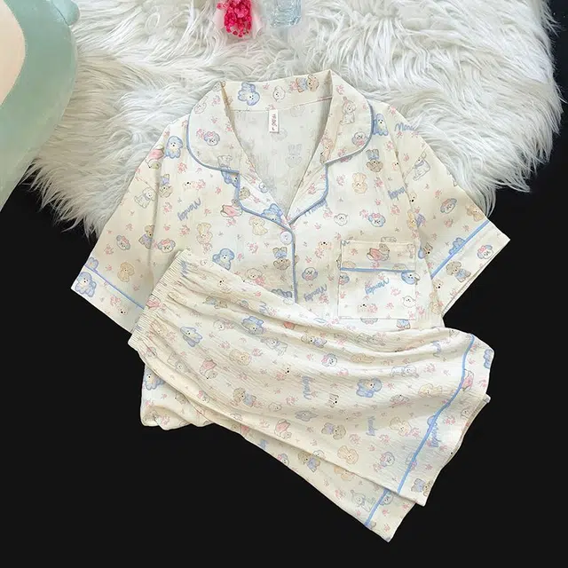 俏韵 翻领卡通狗狗夏季云朵棉甜美可爱亲肤短袖短裤薄款家居服可外穿睡衣套装 女款