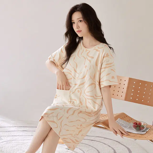 俏韵 圆领夏季纯棉简约风印花薄款舒适休闲家居服可外穿短袖睡裙 女款