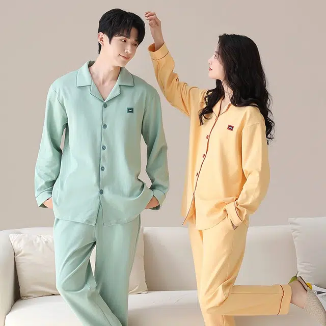 俏韵 翻领春秋季天纯棉简约纯色长袖长裤甜美舒适休闲家居服可外穿睡衣套装 男女同款