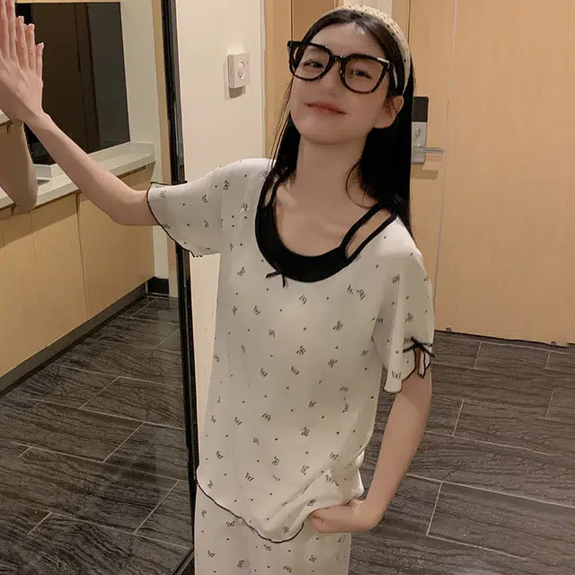 俏韵 甜美短袖三件套舒适带胸垫家居服可外穿睡衣套装 女款