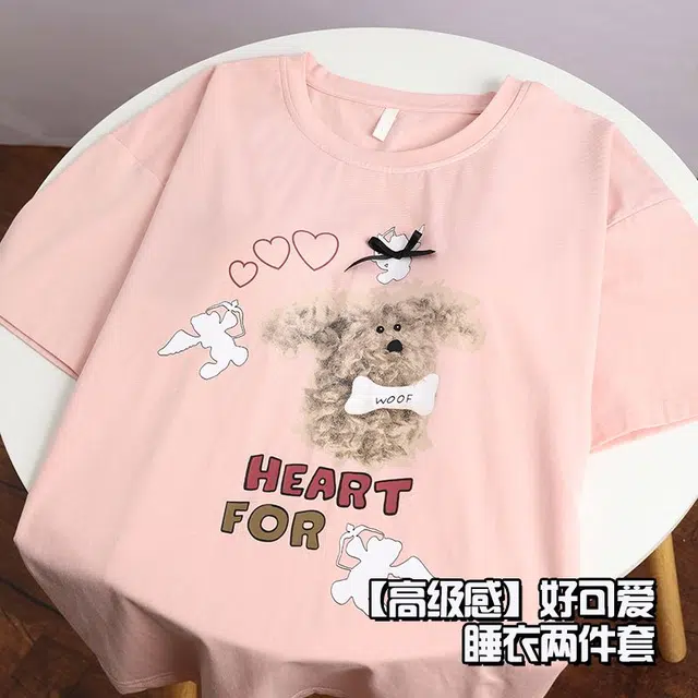 俏韵 圆领卡通短袖可爱套头带胸垫甜美家居服可外穿睡衣套装 女款