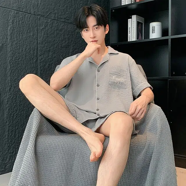 俏韵 韩版翻领短袖休闲简约家居服可外穿睡衣套装 男款